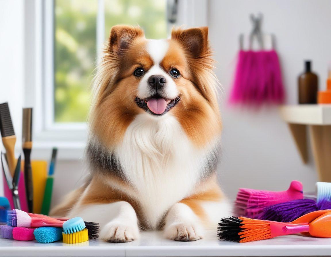 A cheerful groomer expertly brushing a fluffy dog with vibrant colors and playful expressions, surrounded by grooming tools like scissors, brushes, and dog shampoo. In the background, colorful hair clippings scattered on a bright grooming table, and a window showing a sunny outdoor scene. The image captures the joy and care of pet grooming. super-realistic. vibrant colors. white background.