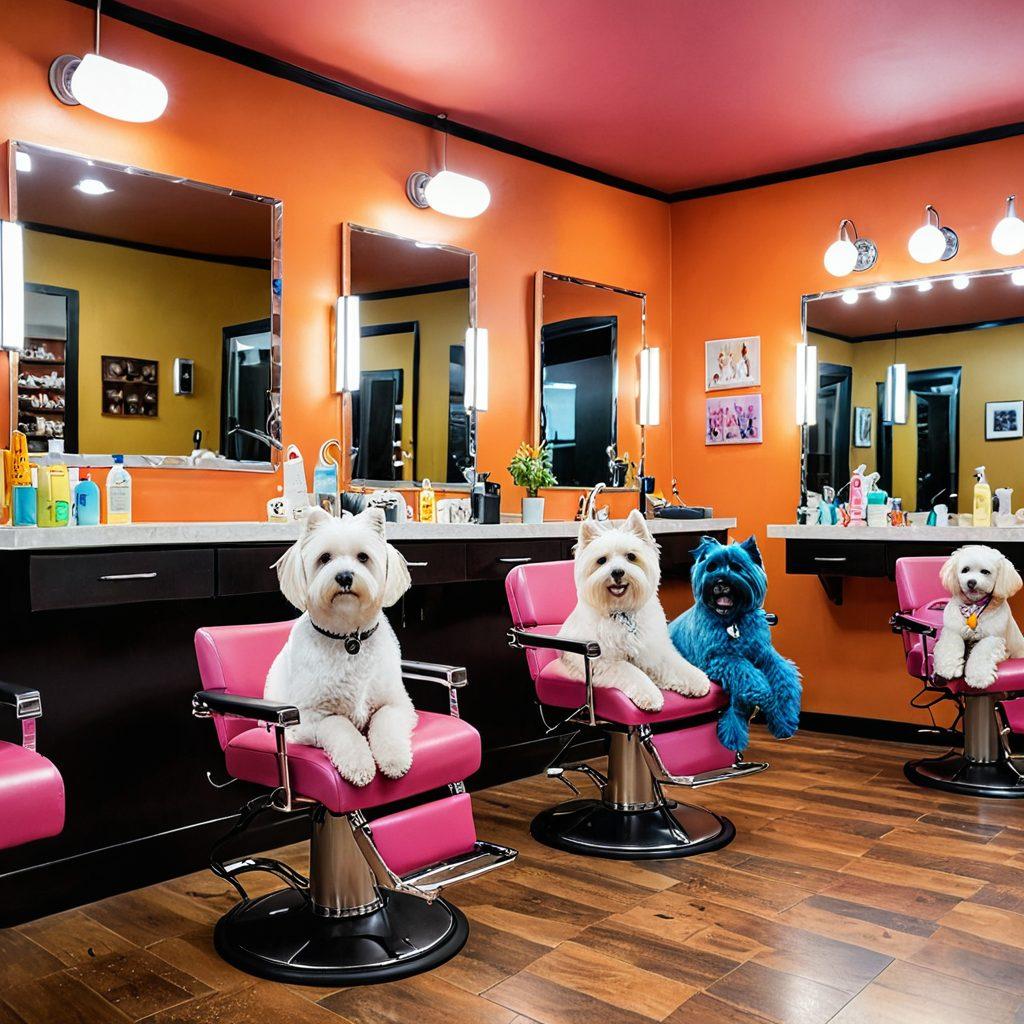 A vibrant and inviting scene showcasing a diverse group of pet owners grooming their stylish pets, featuring brightly colored brushes, hairdryers, and various hair care products scattered around. The pets, including dogs and cats, have unique, fabulous hairstyles, showcasing creativity and care. A cheerful atmosphere filled with love and laughter, with a backdrop of a cozy grooming salon. super-realistic. vibrant colors. warm lighting.