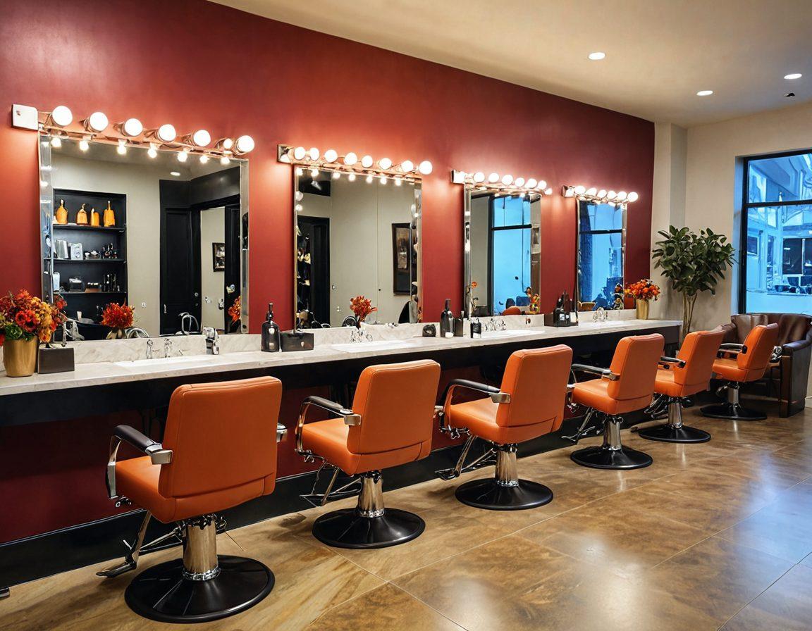 A chic hair salon scene showcasing a stylist transforming shaggy hairstyles into elegant, seasonal looks. Incorporate vibrant autumn colors and seasonal decor, featuring a diverse range of clients with unique hair textures and styles. The backdrop includes stylish hair tools and products, evoking a sense of transformation and creativity. Capture the excitement and elegance of the hair design process. super-realistic. vibrant colors. warm lighting.